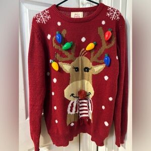 Festive Preppy  Red Burgundy Reindeer Sweater with Lights Size Large